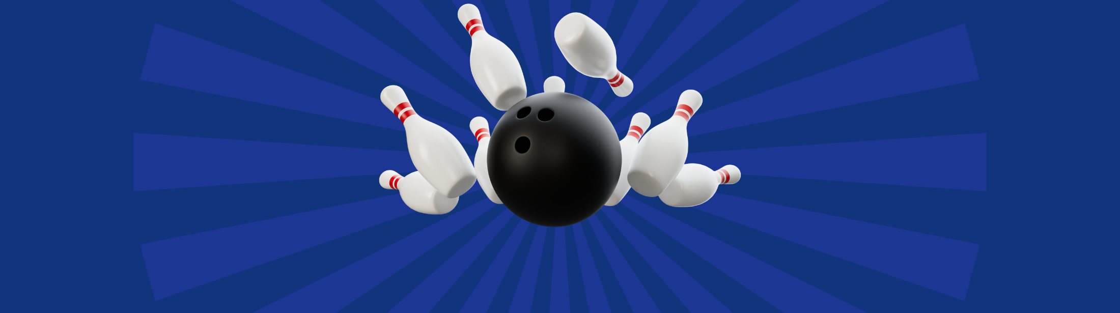 A blue background with a black bowling ball striking bowling pins, causing them to scatter